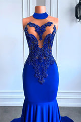 Royal Blue Long High Neck Sleeveless Mermaid Prom Dress-showprettydress