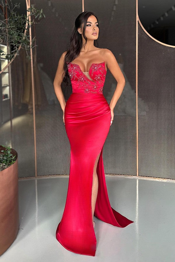 Sexy Strapless Mermaid Satin Long Beading Prom Dresses With Slit-showprettydress