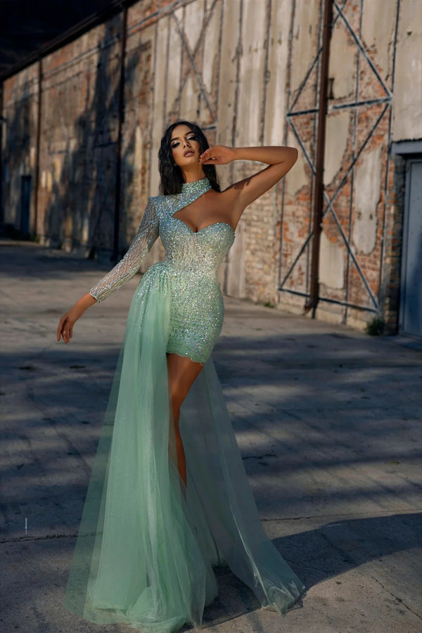 Short Mermaid High Neck Lace Sequined One Shoulder Beaded Prom Dress With Side Train-showprettydress