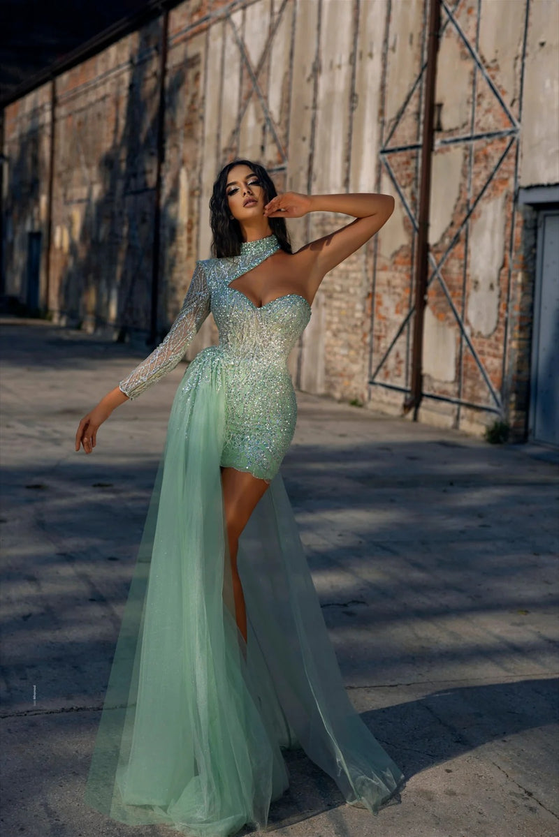 Short Mermaid High Neck Lace Sequined One Shoulder Beaded Prom Dress With Side Train-showprettydress