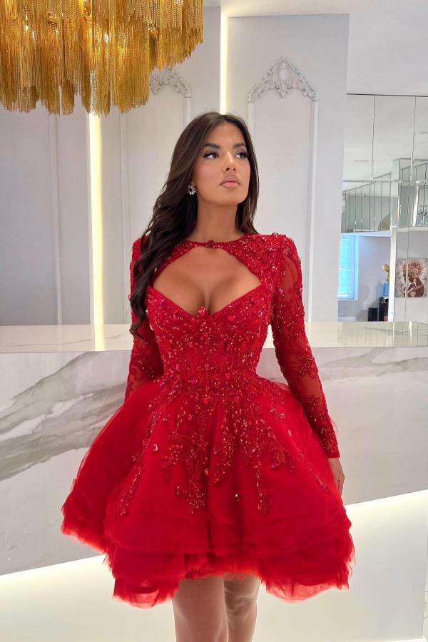 Short Princess Sweetheart Tulle Long Sleeves Prom Dresses With Beads-showprettydress