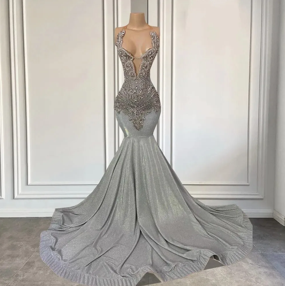 Silver Long Halter Mermaid Prom Dress with Beadings-showprettydress