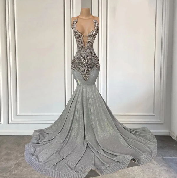 Silver Long Halter Mermaid Prom Dress with Beadings-showprettydress