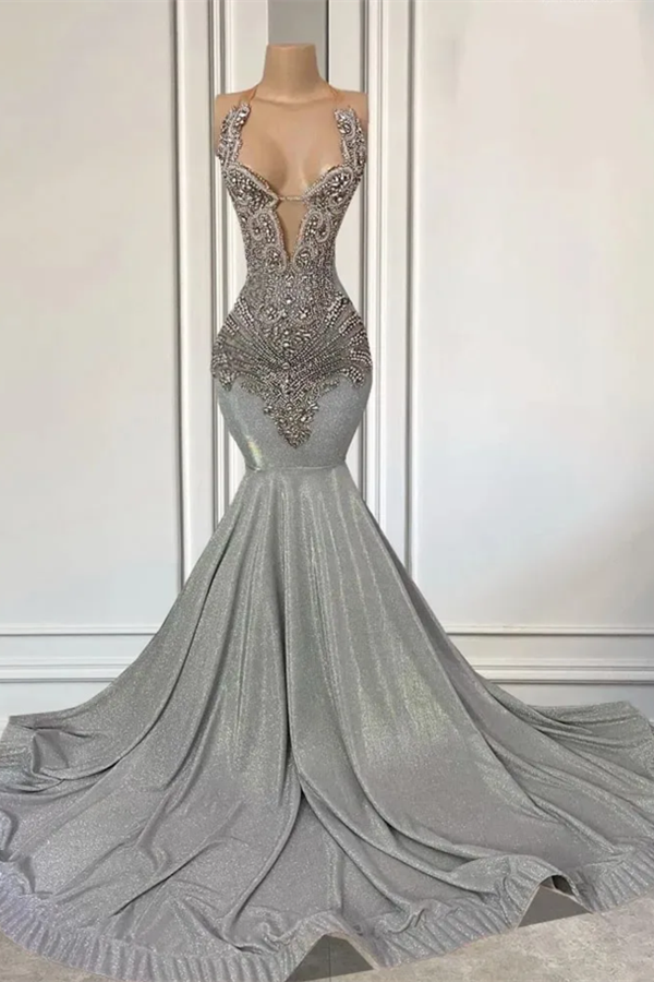 Silver Long Halter Mermaid Prom Dress with Beadings-showprettydress