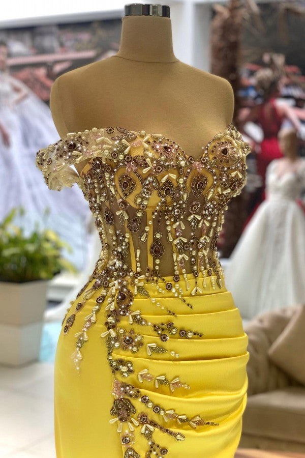 Yellow Mermaid Off-the-shoulder Satin Long Beading Prom Dresses With Slit-showprettydress