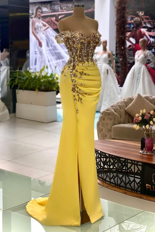 Yellow Mermaid Off-the-shoulder Satin Long Beading Prom Dresses With Slit-showprettydress
